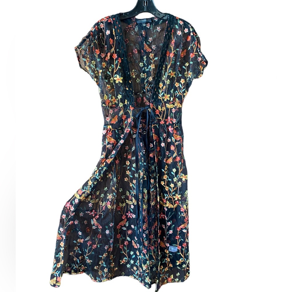 Dance & Marvel Kimono Sheer Black Embroidered Floral Coverup Dress
